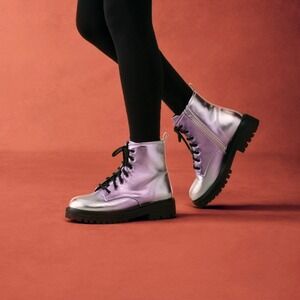 NEW 90s Y2K Metallic Purple Combat Boot Side Zip Lace Up Big Kids Girls Size 6